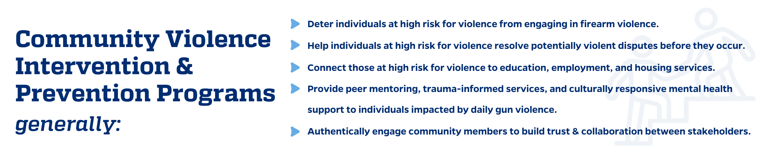 Community violence intervention & prevention programs: Deter individuals at high risk for violence from engaging in gun violence, Help individuals at high risk for violence resolve potentially violent disputes before they occur, Connect those at high risk for violence to education, employment, and housing services, Provide peer mentoring, trauma-informed services, and culturally responsive mental health support to individuals impacted by gun violence, engage community members to build trust & collaboration