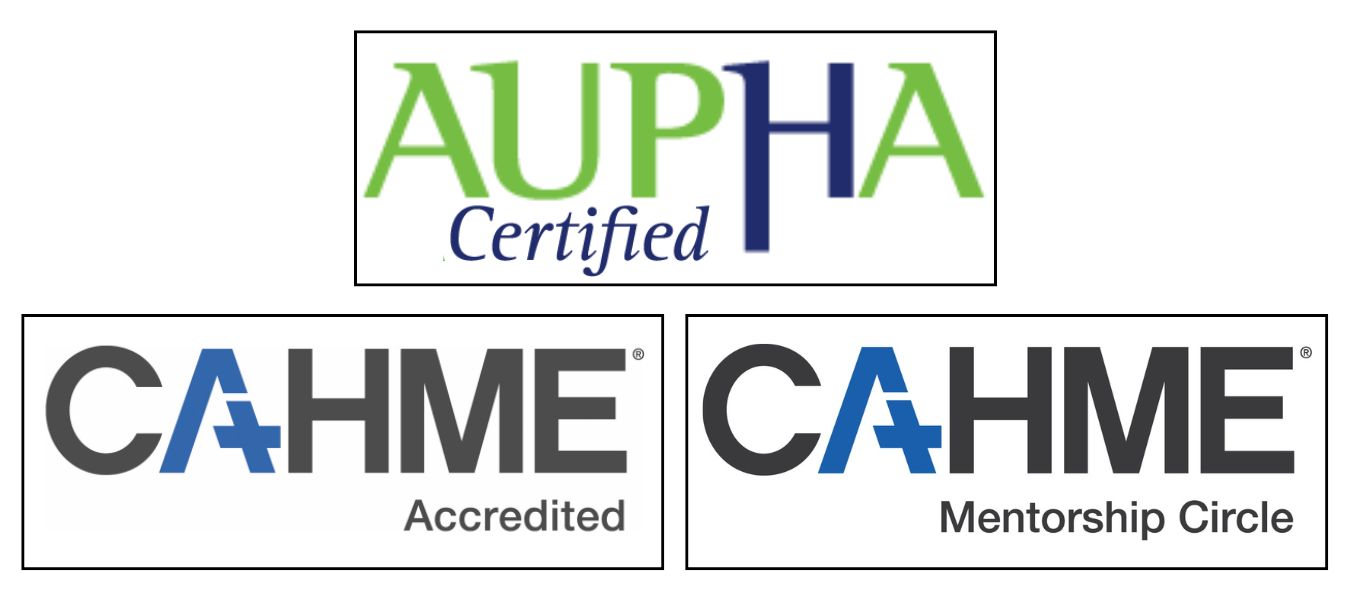 One AUPHA Certified logo, one CAHME Accredited logo, and one CAHME Membership Circle logo