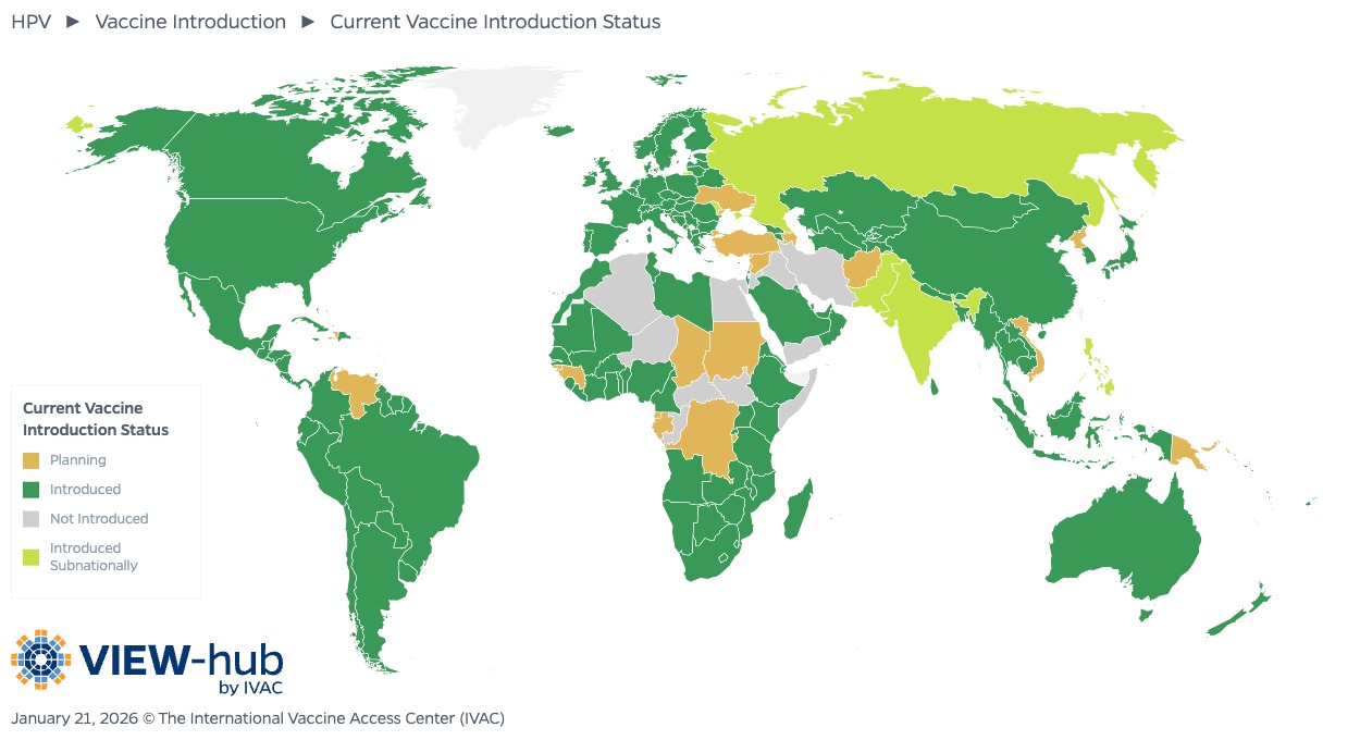 Map from VIEW-hub displaying country-level HPV vaccine introduction