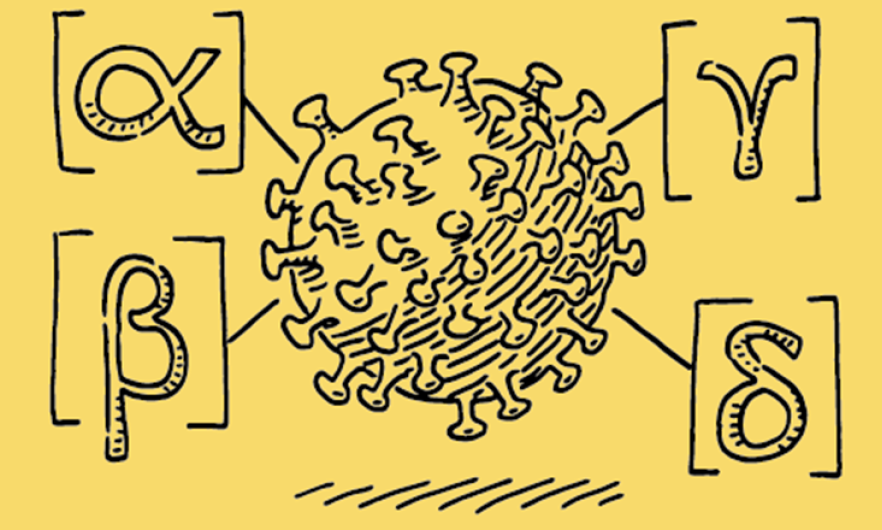 Graphic of the coronavirus and some Greek letters