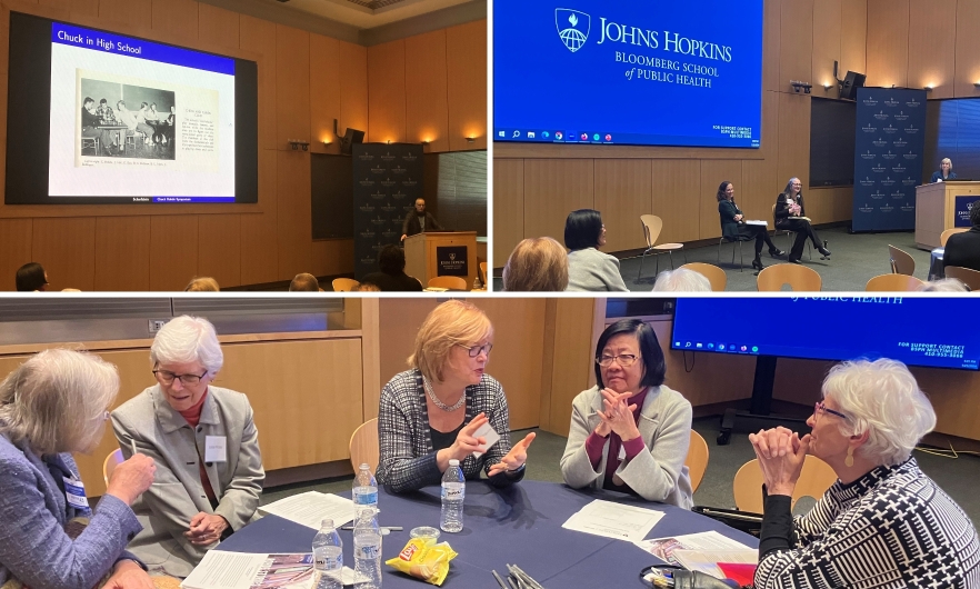 [top left image] Scott Zeger, PhD, Professor of Biostatistics, BSPH, speaking at the podium with a photo of Chuck playing chess in High School behind him. [top right image] Elizabeth Stuart, PhD, Chair and Professor of Biostatistics, BSPH, in conversation with Karen Bandeen-Roche, PhD, MS, Professor of Biostatistics, past-Chair of Biostatistics, BSPH. [bottom image] 5 women reminiscing at a table.