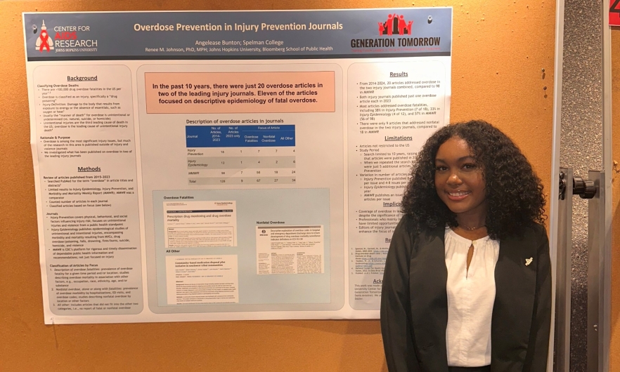 Presenter, Angelease Bunton standing in front of her poster presentation titled, "Overdose Prevention in Injury Prevention Journals."