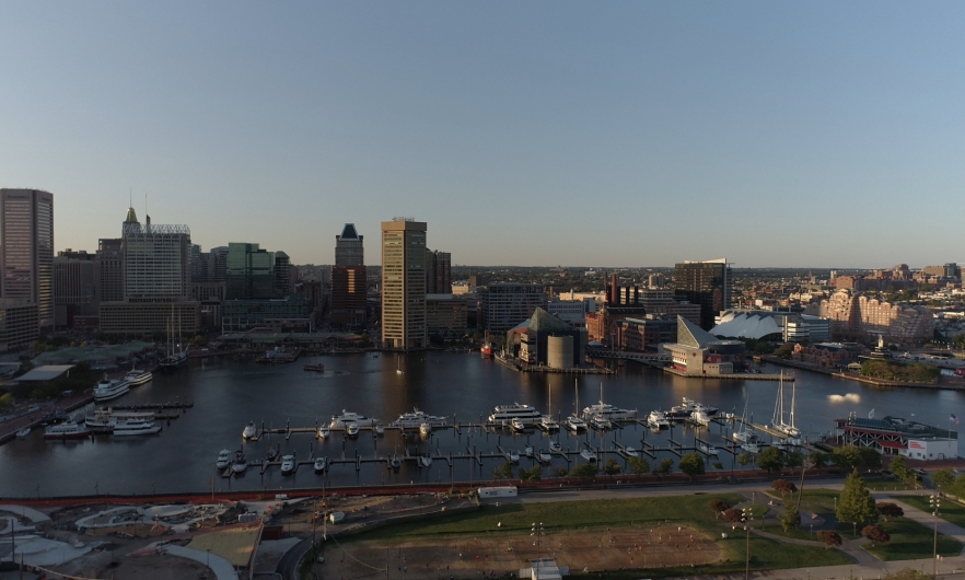 Aerial view of Baltimore’s Inner Harbor