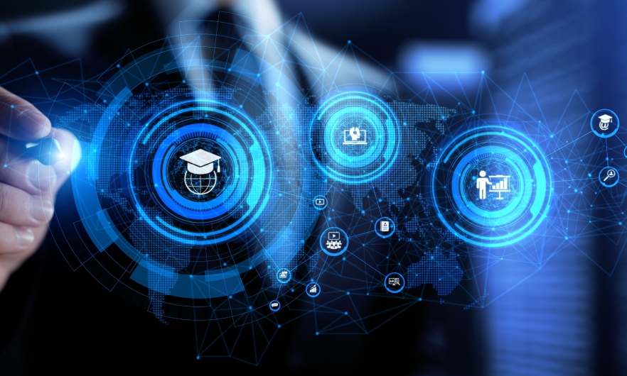 E-learning Online learning distance education concept. Businessman pressing button on screen.