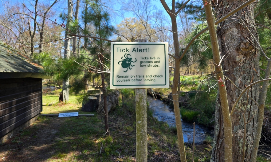 Near a wooded area of a park, a posted sign reads, Tick Alert! Ticks live in grasses and low shrubs. Remain on trails and check yourself before leaving.