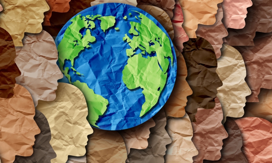 Image of faces surrounding the globe