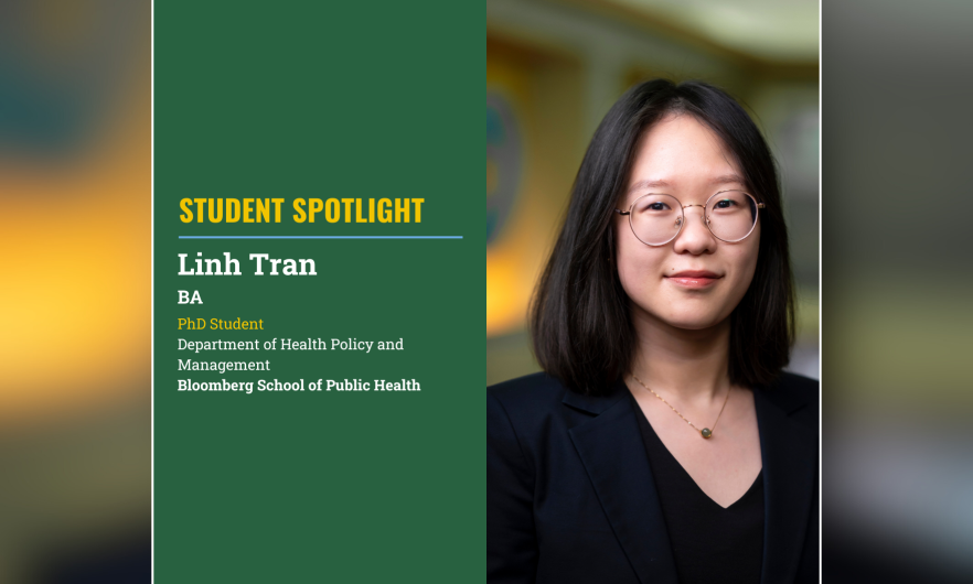 Student spotlight graphic featuring Linh Tran, BA, PhD Student in the Department of Health Policy and Management at the Bloomberg School of Public Health. The image shows her smiling and wearing glasses and a Black blouse, beside text with her name and title on a green background.
