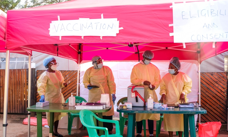 Health workers prepare the launch of the Ebola vaccination campaign at Mulago National Referral Hospital, in Kampala, Uganda, on February 3, 2025.