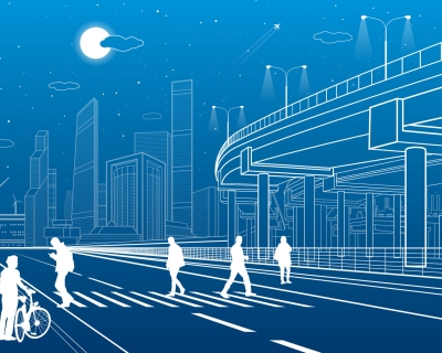 Graphic of a crosswalk with an overpass and city in background