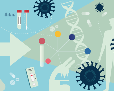 graphic with beakers, microscope, covid test and vials