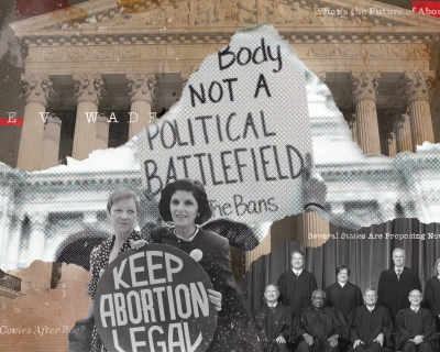 Collage of newspaper headlines, the Supreme Court justices, and Norma Corvey, the plaintiff in Roe v. Wade