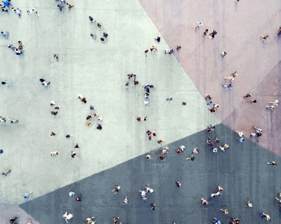 aerial shot of people walking