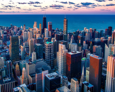 Chicago skyline showing Lake Michigan