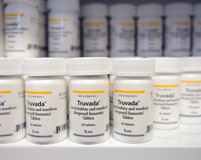 A shelf of Truvada bottles 