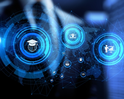 E-learning Online learning distance education concept. Businessman pressing button on screen.