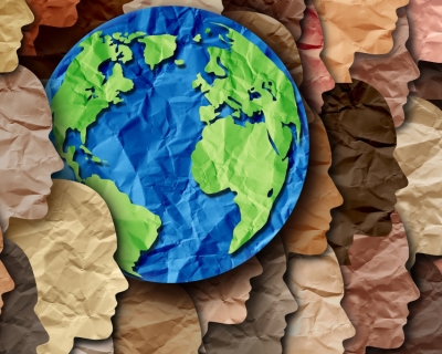 Image of faces surrounding the globe