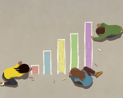 An illustration of three kids sitting on the ground, coloring in a bar chart with chalk