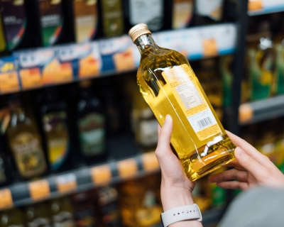 In front of shelves lined with various types of cooking oil, a shopper reads the label of a bottle of cooking oil.