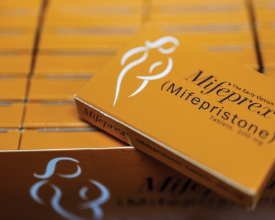 Packages of mifepristone tablets are displayed at a family planning clinic on April 13, 2023 in Rockville, Maryland. 