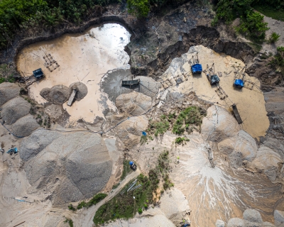 Aerial picture of dredges at an illegal gold mining area in the Madre de Dios department, in Peru&#039;s southeastern Amazon region, on May 31, 2024.