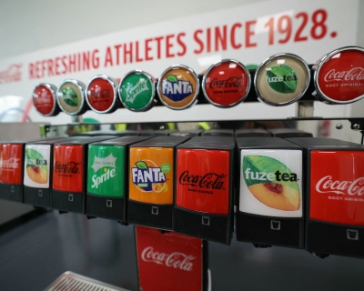 A soft drinks dispenser at the Olympic village where some athletes will be housed at Saint-Denis, a northern suburb of Paris. July 2, 2024. 