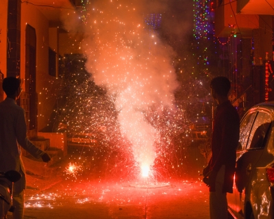 People set off firecrackers during the Diwali festival of lights in Om Nagar sector-11 near Mini Secretariat, on October 31, 2024 in Gurugram, India. 