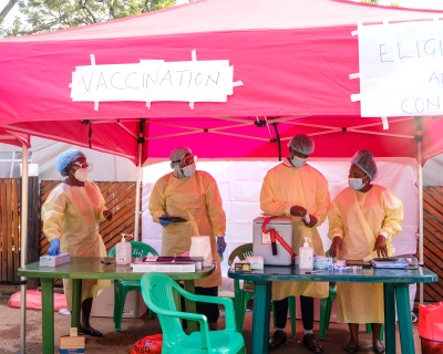 Health workers prepare the launch of the Ebola vaccination campaign at Mulago National Referral Hospital, in Kampala, Uganda, on February 3, 2025.