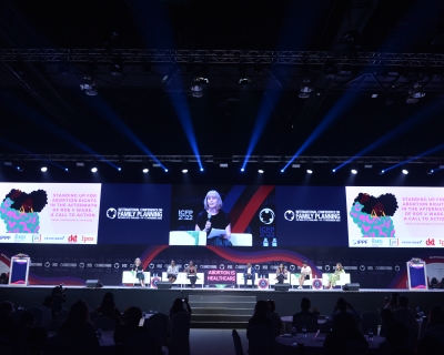 Beth Schlachter addresses a crowd at an ICFP 2022 session on abortion rights in Pattaya, Thailand, November 16, 2022.  