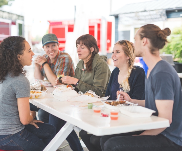 Friends eating lunch outside