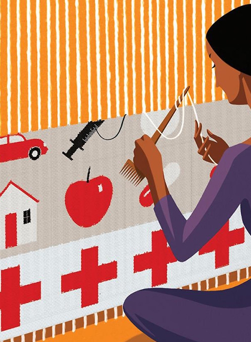 illustration of a woman sowing a quilt of health