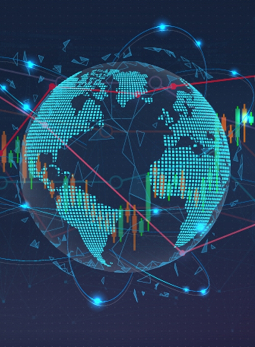 Economic crisis due to the pandemic, the impact of coronavirus ( Covid-19 ) on the global economy. Futuristic banner with charts and hologram Earth Globe. Epidemic 2022. Economic fallout. Vector By SergeyBitos