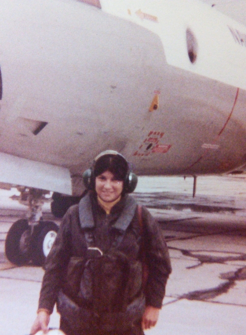 Gertrude Huster suited up for naval flight crew training, circa 1979