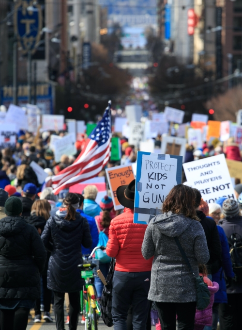 Photo of large crowd with signs walking down the street