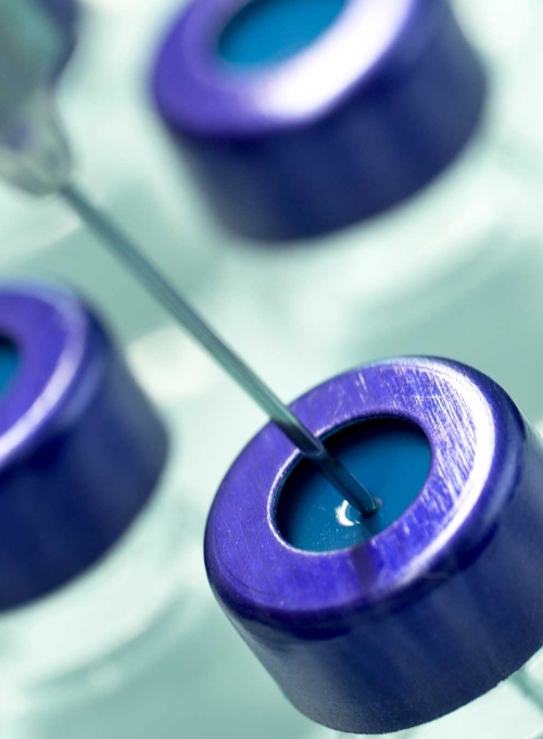 Rows of blue capped vials, with a syringe needle piercing one cap in the center