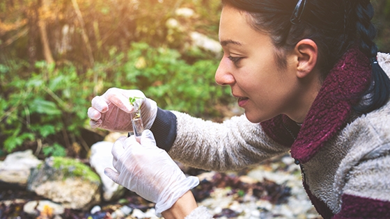 student by a stream collecting water samples