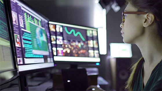 woman looking at data on a computer screen