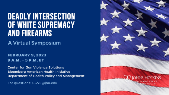 Introduction image to symposium with event information and American flag