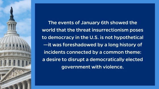 Image of the Capitol Building, The events of January 6th showed the world that the threat insurrectionism poses to democracy in the U.S. is not hypothetical-it was foreshadowed by a long history of incidents connected by a common theme: a desire to disrupt a democratically elected government with violence.