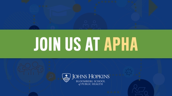 Join us at APHA and the Johns Hopkins Bloomberg School of Public Health logo on a blue background with a green stripe. In the background, there are icons including a virus and a graduation cap.