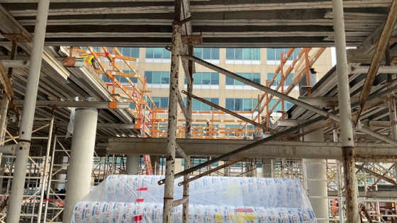 South Building outside interior view looking up from basement level