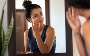 Person applies sunscreen to face in mirror