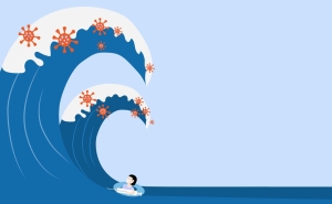 An illustration of a wave in the ocean covered in COVID molecules with a person swimming underneath it holding a vaccine