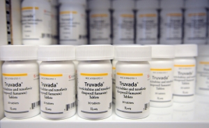 A shelf of Truvada bottles 