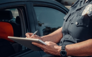 A police officer writing on a notepad next to a car.