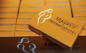 Packages of mifepristone tablets are displayed at a family planning clinic on April 13, 2023 in Rockville, Maryland. 