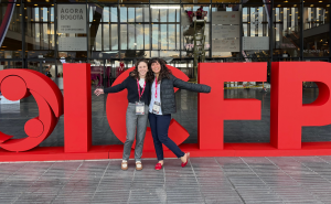 Charlotte Greenbaum and Andrea Rodriguez-Villafane at the ICFP2025 conference entrance 
