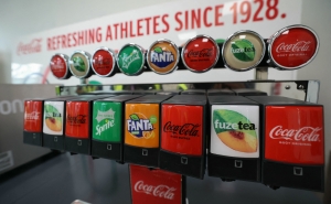 A soft drinks dispenser at the Olympic village where some athletes will be housed at Saint-Denis, a northern suburb of Paris. July 2, 2024. 