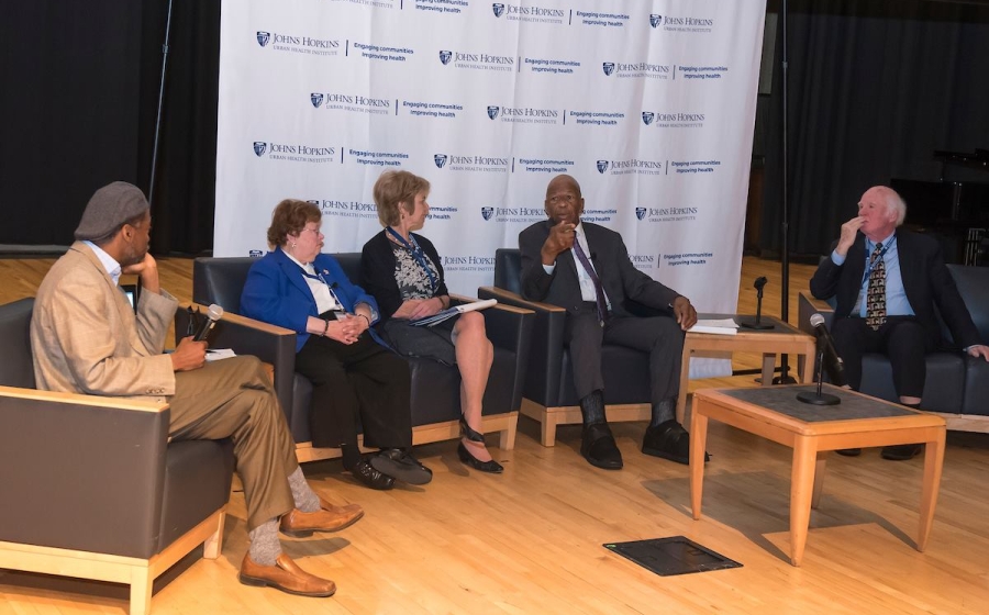 (L to R) Lester Spence, Senator Barbara Mikulski, Kathleen Townsend Kennedy, Congressman Elijah Cummings, and Taylor Branch on the “Reflecting on 1968 within the Context of 2018” panel discussion.