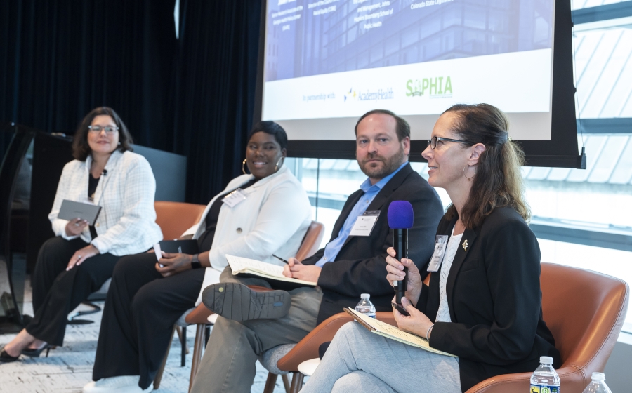 Three women and one man are seated in a row with the bottom half of a projector screen visible behind them. The woman, Elizabeth A. Ramey, is holding a microphone as she speaks.