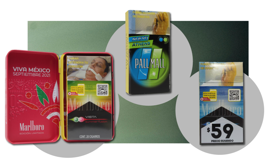 Three cigarette packs from Mexico are displayed atop a green background